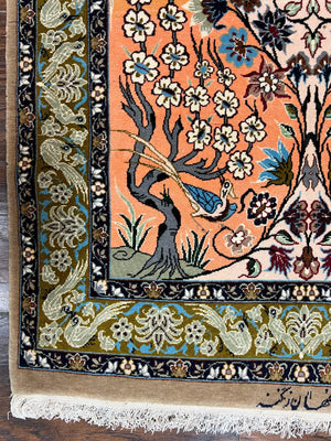 Very Fine Small Persian Isfahan Rug 2.6 x 4, Kork Wool on Silk Hand-Knotted Vintage Animal Pictorials Birds Vase, Signature Masterweaver, Orange