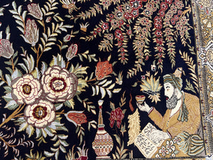 Persian Qum Pictorial Rug 4.8 x 6.5 - Layla & Majnun, Birds