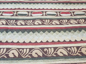 Large Vintage Striped Rug, Handmade, Earth Tone Decor, Beiges Slate Gray Dark Red, Flatweave Indian Striped Carpet, Indian Kilim 10x14, Wool