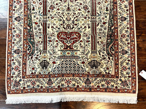 Pak Perisan Prayer Rug 4x6, Tree of LIfe Carpet, Handmade Vintage Wool Rug, Beige, Floral Vases