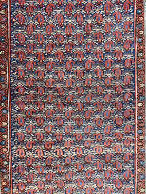Persian Kurdish Rug 5x6, Wool Hand Knotted Vintage Carpet, Red Blue Cream, Boteh Paisley Pattern, 5 x 6 Medium Sized Oriental Rug