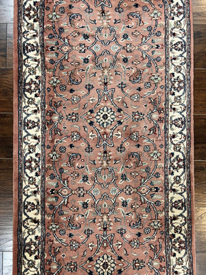 Indo Persian Runner Rug 2.6 x 10, Wool Hand Knotted Vintage Oriental Carpet, Pink & Ivory, Floral Allover, Hallway Rug