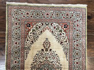 Silk Turkish Kayseri Rug 2x3, Very Finely Hand Knotted, Semi Open Field, Vintage, Silk Pile on Silk Foundation, 300 KPSI