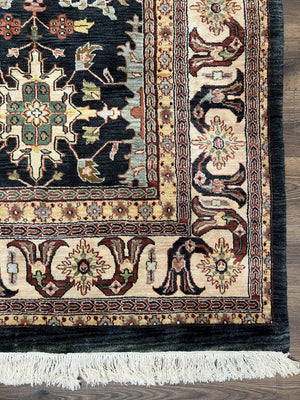 Indo Persian Mahal Rug 9x12, Dark Green and Cream Hand Knotted Wool Oriental Carpet, Floral Allover, Vintage Traditional Handmade Room Sized