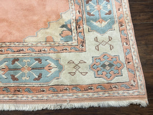 Turkish Oushak Rug 9x12, Wool Hand Knotted Vintage Carpet, Peach Cream Light Blue Room Sized Oriental Rug