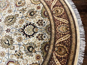 Round Pak Persian Rug 8x8, Vintage Handmade Wool Traditional Carpet, Beige Dark Red, Fine 270 KPSI