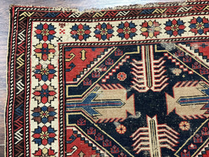 Antique Shirvan Caucasian Rug 3x5, Geometric Pattern, Red Navy Blue Beige