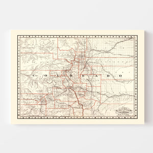 Vintage Railroad Map of Colorado 1882