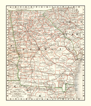 Vintage Railroad Map of Georgia 1882