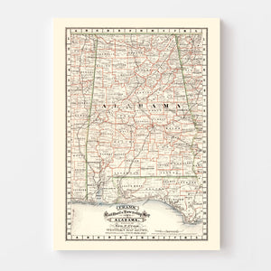 Vintage Railroad Map of Alabama 1882