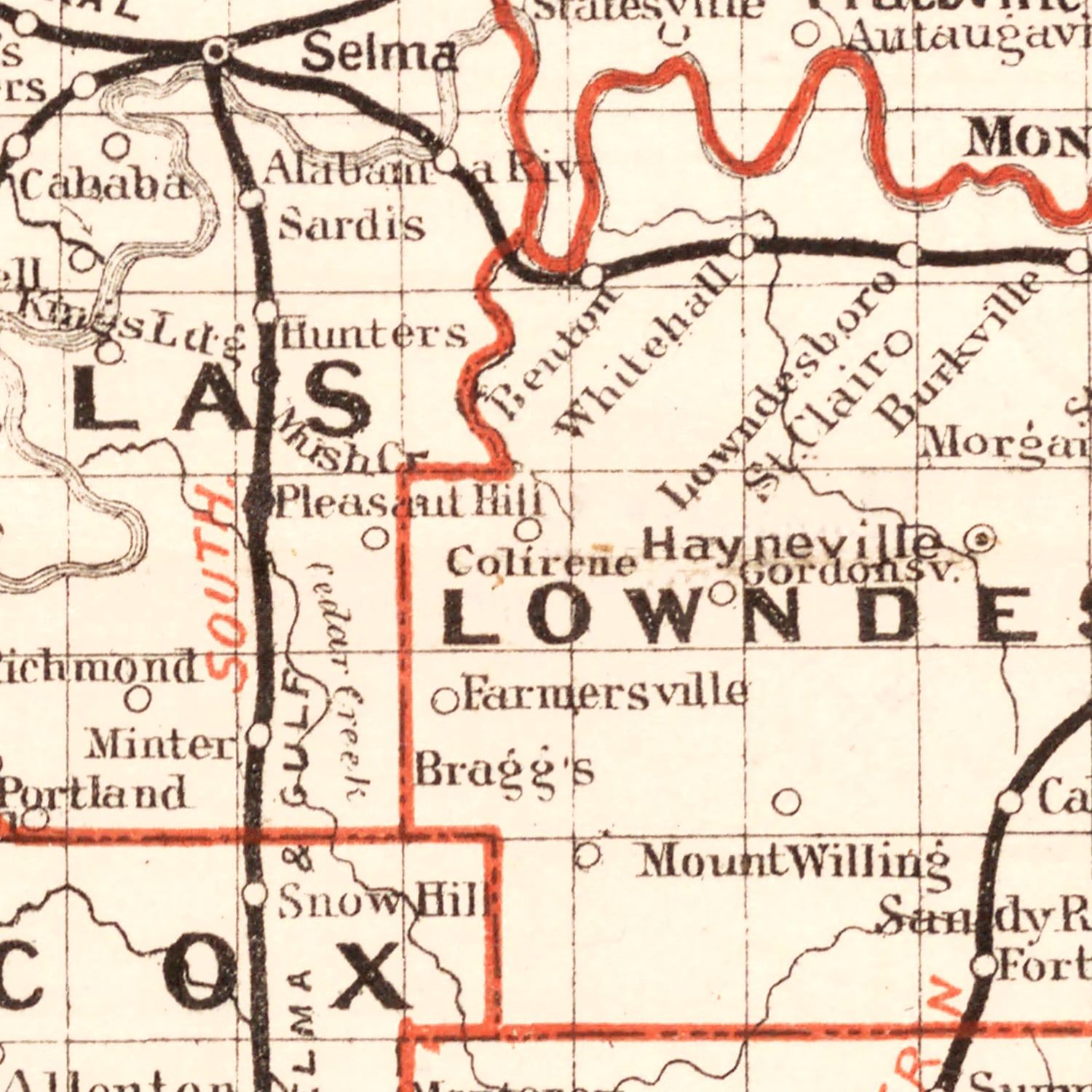 Vintage Railroad Map of Alabama 1882