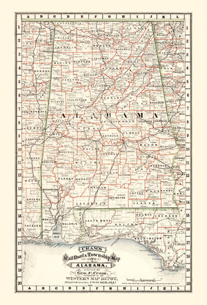 Vintage Railroad Map of Alabama 1882