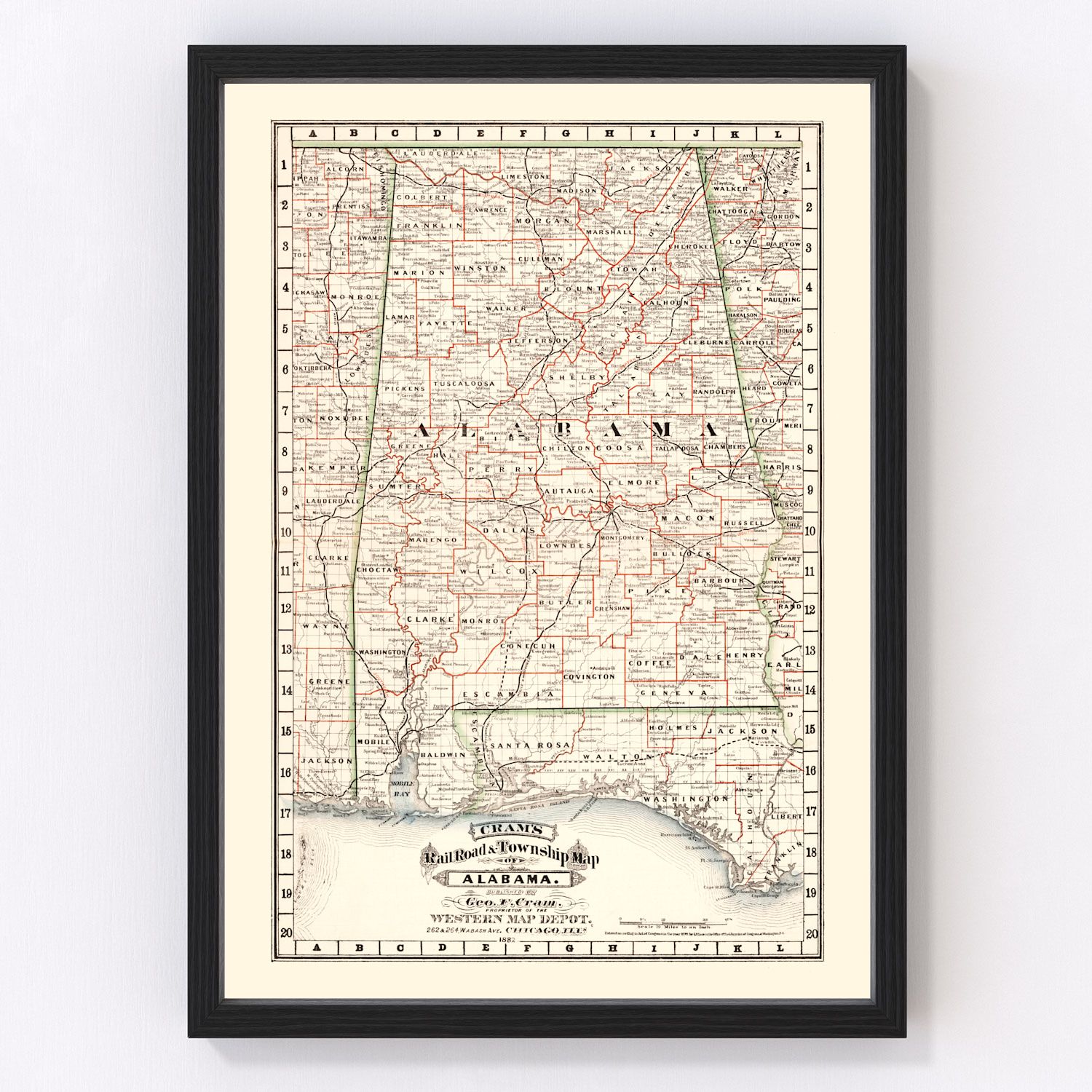 Vintage Railroad Map of Alabama 1882