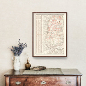 Vintage Railroad Map of Mississippi 1882