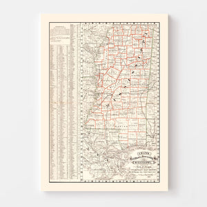 Vintage Railroad Map of Mississippi 1882