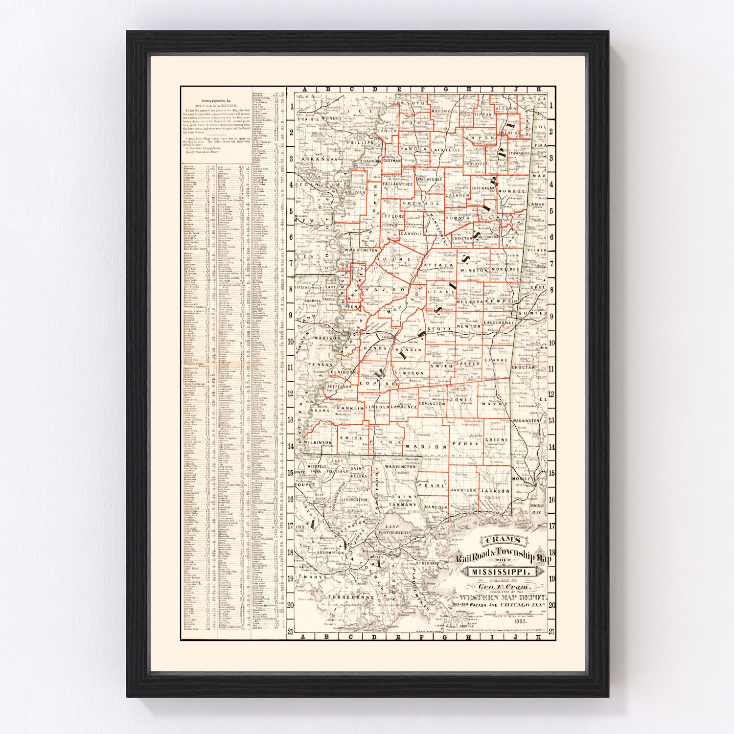 Vintage Railroad Map of Mississippi 1882