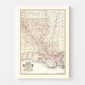 Vintage Railroad Map of Louisiana 1882