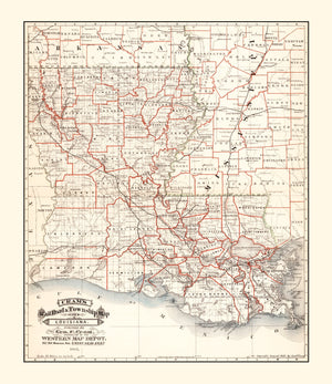 Vintage Railroad Map of Louisiana 1882