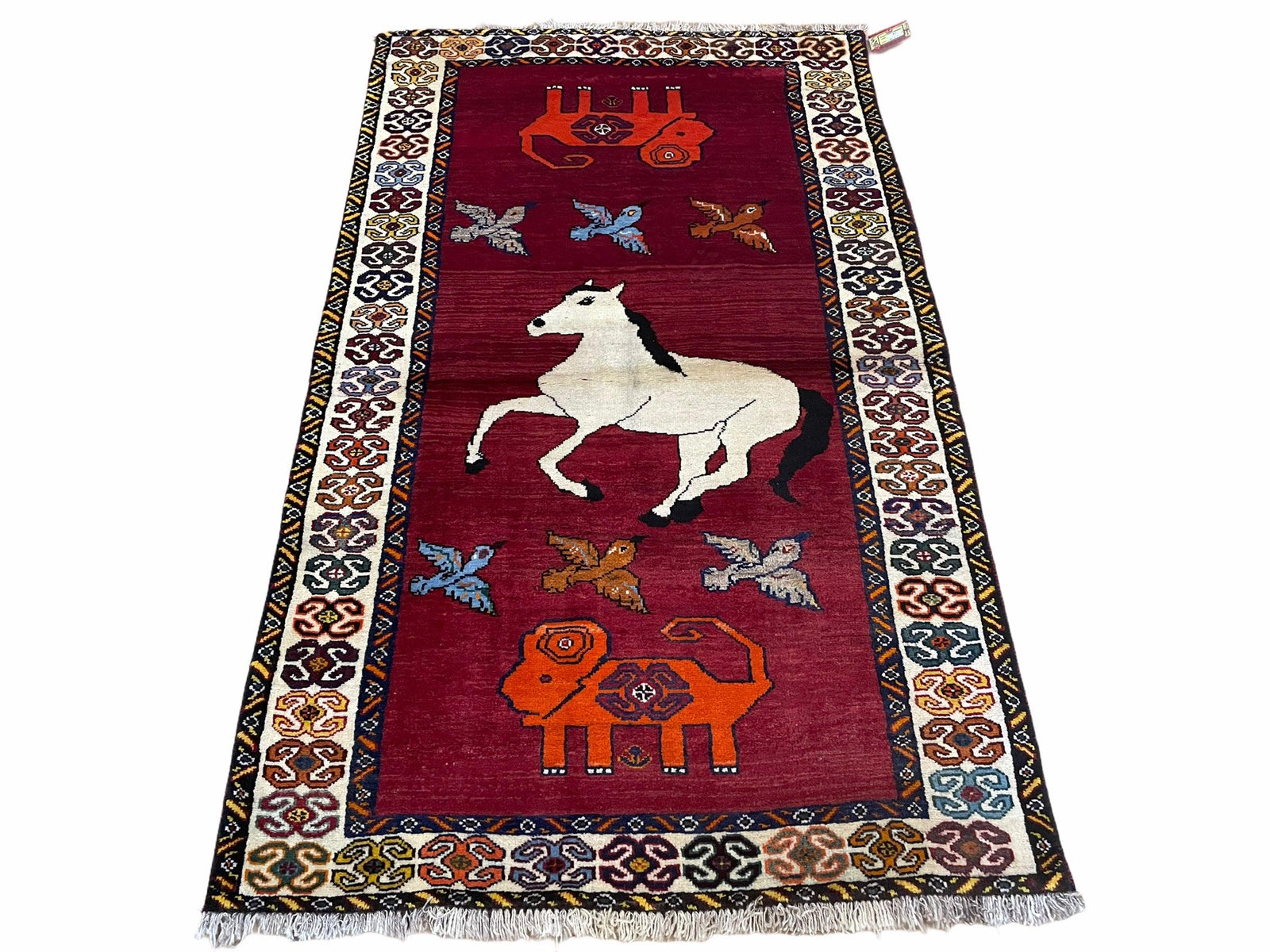 4 X 6 Handmade Zagros Wool Rug Horse Birds Ram Sheep Colorful New Vintage Rug