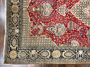 Wonderful Persian Silk Rug 5x7, Birds Floral Vases, Red, Hand Knotted Silk Fine Oriental Carpet, Handmade Vintage, Persian Qum Rug, 400 KPSI