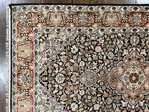 Silk Indian Kashmiri Rug 3x5, Indo Persian Silk on Silk Carpet, Very Fine 350 KPSI, Navy Blue, Handmade, Floral Medallion