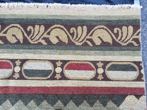 Large Vintage Striped Rug, Handmade, Earth Tone Decor, Beiges Slate Gray Dark Red, Flatweave Indian Striped Carpet, Indian Kilim 10x14, Wool