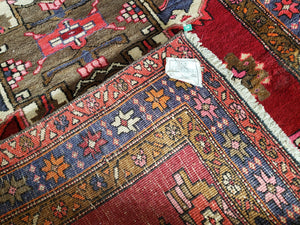 Antique Persian Karajeh Runner Rug 4.4 x 11 ft, Red Colorful Geometric Medallion Runner