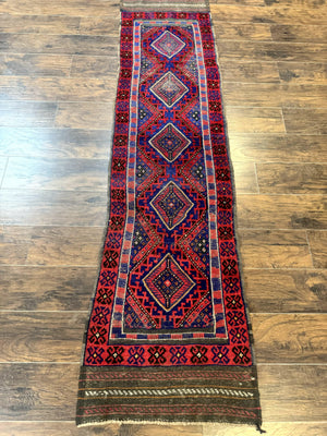 Turkoman Runner Rug 2 x 8.6, Skinny Runner, Handmade Wool Carpet for Hallway, Red and Blue, Wool, Vintage 8ft Runner