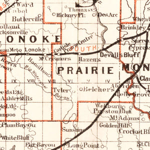 Vintage Railroad Map of Arkansas 1882