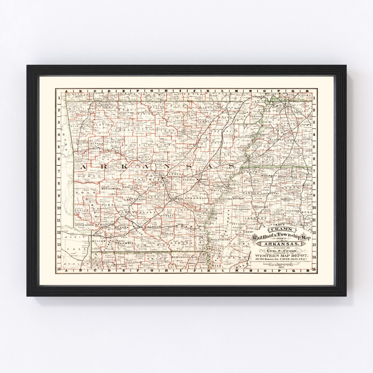 Vintage Railroad Map of Arkansas 1882