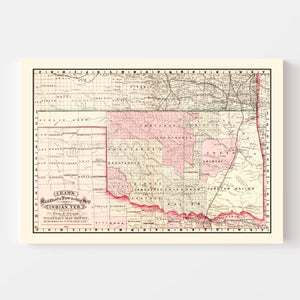 Vintage Railroad Map of Oklahoma 1882