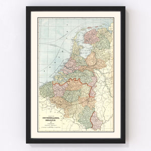 Vintage Map of Netherlands, Belgium & Luxembourg 1901