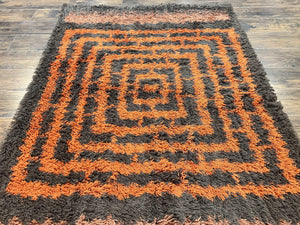 Vintage Rya Shag Rug 4.6 x 6.6, Abstract Design, Brown and Orange, Mid Century Danish Rya Carpet