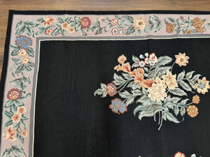 Black Needlepoint Rug 8x11 with Multicolor Flowers, Vintage Carpet