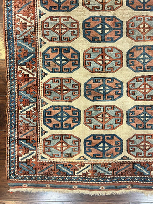 Turkish Kazak Rug 3x4, Wool Hand Knotted Handmade Vintage Carpet, Geometric Tribal Repeated Motif, Small 3 x 4 Antique Rug, Cream Red