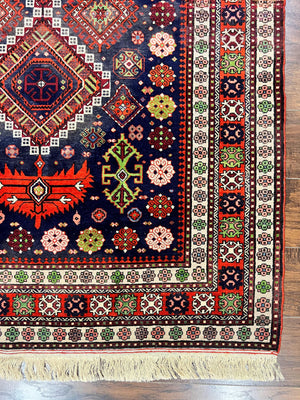 Persian Afshar Tribal Rug 5x6, Geometric Pattern, Navy Blue Multicolor Antique Vintage Persian Carpet, Hand Knotted Handmade Wool Rug