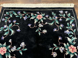 Chinese Wool Rug 6x9, Black, Floral, Minimal Design, 90 Line Carpet, Vintage Art Deco Rug