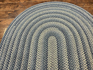American Oval Braided Rug 5x8 Wool Handmade Vintage Carpet, Multicolor, Blues Gray Cream