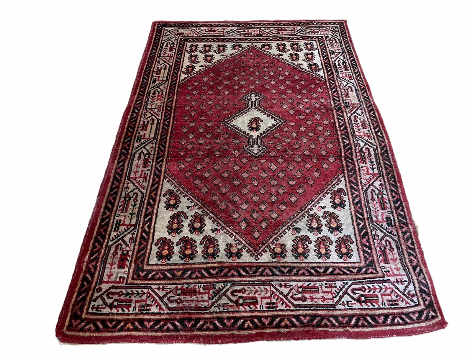 4 X 6.5 Antique Handmade Wool Rug Paisley Boteh Design Tribal Rug Red Ivory