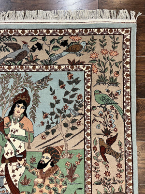 Indo Persian Pictorial Rug 4x7, Handmade Hand Knotted Wool Semi Antique Horizontal Carpet, Men & Women Drinking, Fine Rug, Bird Pictorials