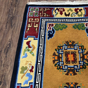 Vintage Chinese Art Deco Rug 3x6, Orange Dark Blue Maroon Chinese Peking Carpet, Asian Oriental Wool Rug, Bold Colors, Bedroom Rug, Hallway