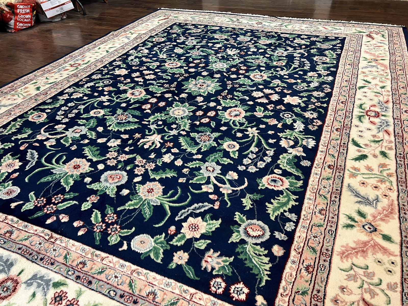 Indo Persian Rug 9x12, Wool Hand Knotted Vintage Carpet, Navy Blue & Ivory, Floral Allover Oriental Rug, 9 x 12 Room Sized Traditional Rug