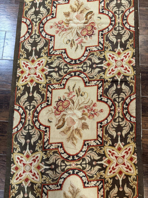 Needlepoint Runner Rug 2.7 x 9.7, European French Design, Wool, Handmade, Vintage