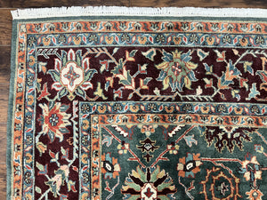 Indo Persian Rug 9x12, Wool Hand Knotted Vintage Carpet, Green and Maroon, Traditional Allover Floral Design, 9 x 12 Room Sized Rug