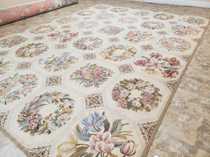 Needlepoint Rug 10x13 Vintage Carpet, Floral Panel Design, Beige, Multicolor Flowers, Handmade Hand Woven, Flatweave, No Pile, Wool