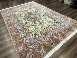 Wonderful Persian Tabriz Rug 7x10, Very Fine 330 KPSI, Light Green Light Blue Pink, Kork Wool Silk Foundation, Bird Pictorials