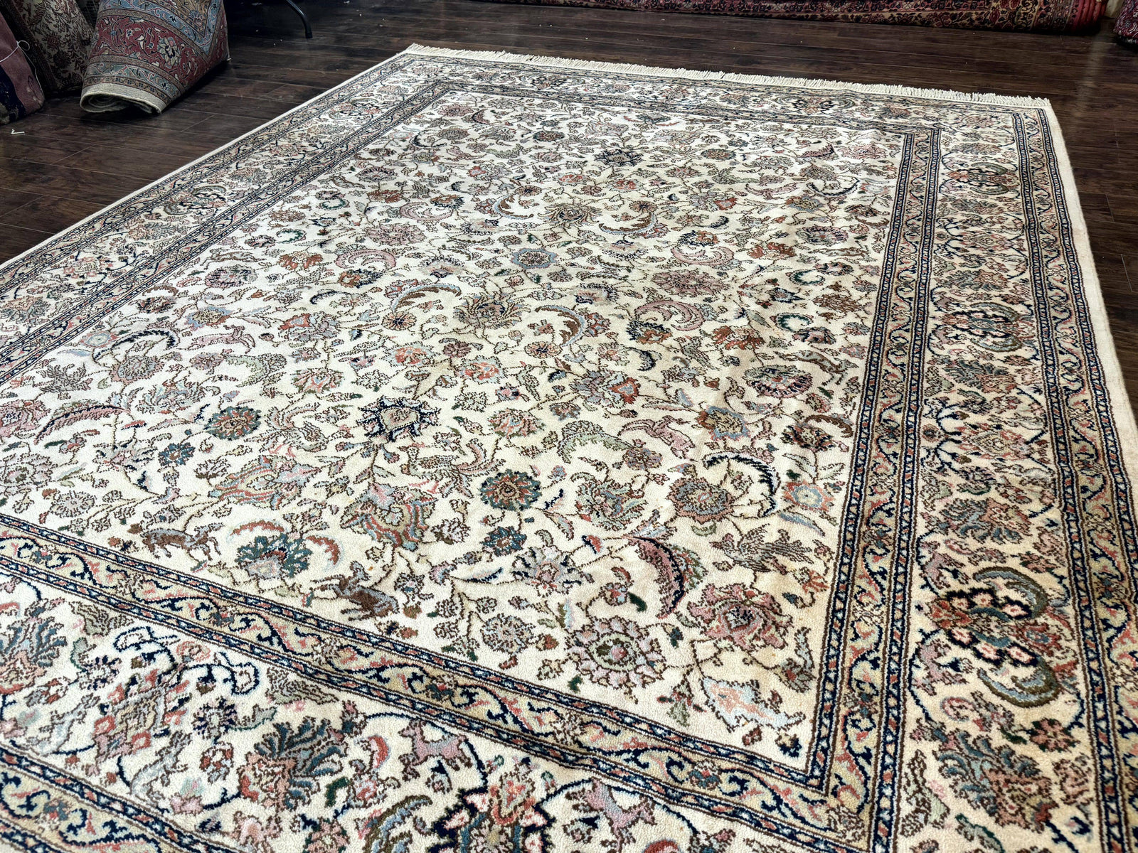 Karastan Rug #738 Tabriz Design 8.8 x 10.6, Room Sized Wool Pile Karastan Carpet, Vintage Discontinued Karastan Area Rug, Ivory, Floral Rug
