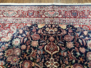 Vintage Dark Blue Persian Room Sized Rug 8x10, Wool & Silk Highlights Hand-Knotted Midnight Blue Red Floral Carpet, 8 x 10 Living Room Rug