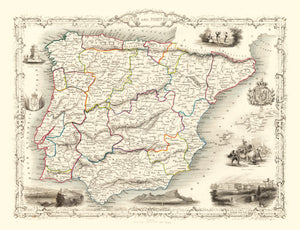 Vintage Map of Portugal & Spain 1851