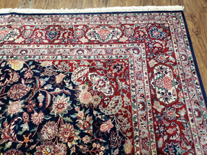 Vintage Dark Blue Persian Room Sized Rug 8x10, Wool & Silk Highlights Hand-Knotted Midnight Blue Red Floral Carpet, 8 x 10 Living Room Rug